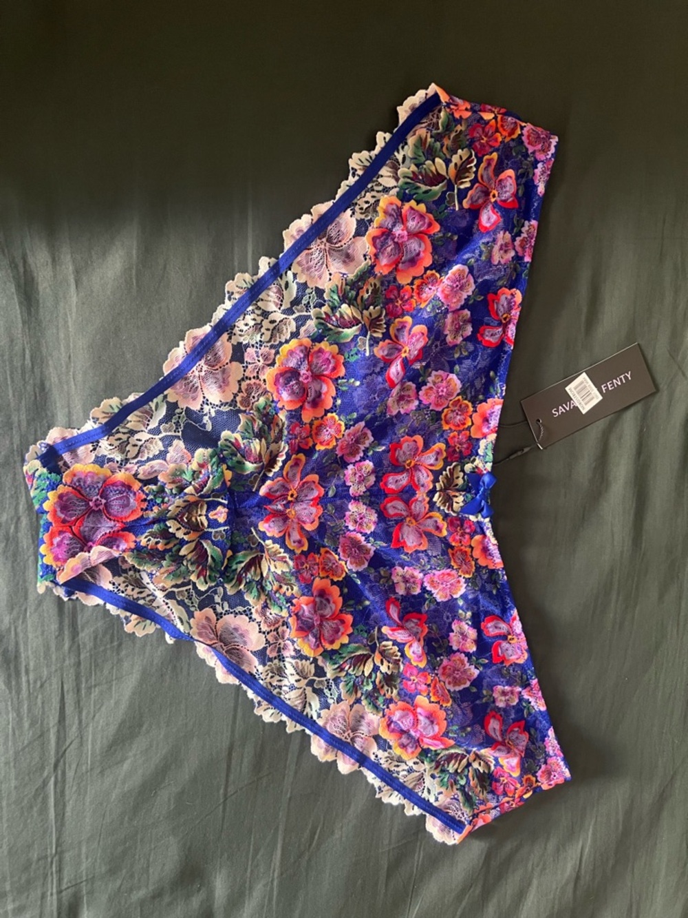 Savage X Fenty Floral Lace Bikini Briefs in Vibrant Blue & Pink